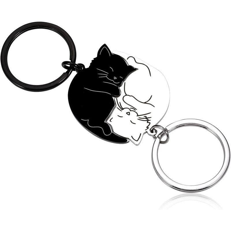 Wholesale Creative Cute Cartoon Black and White Cat Stainless Steel Couple Keychains