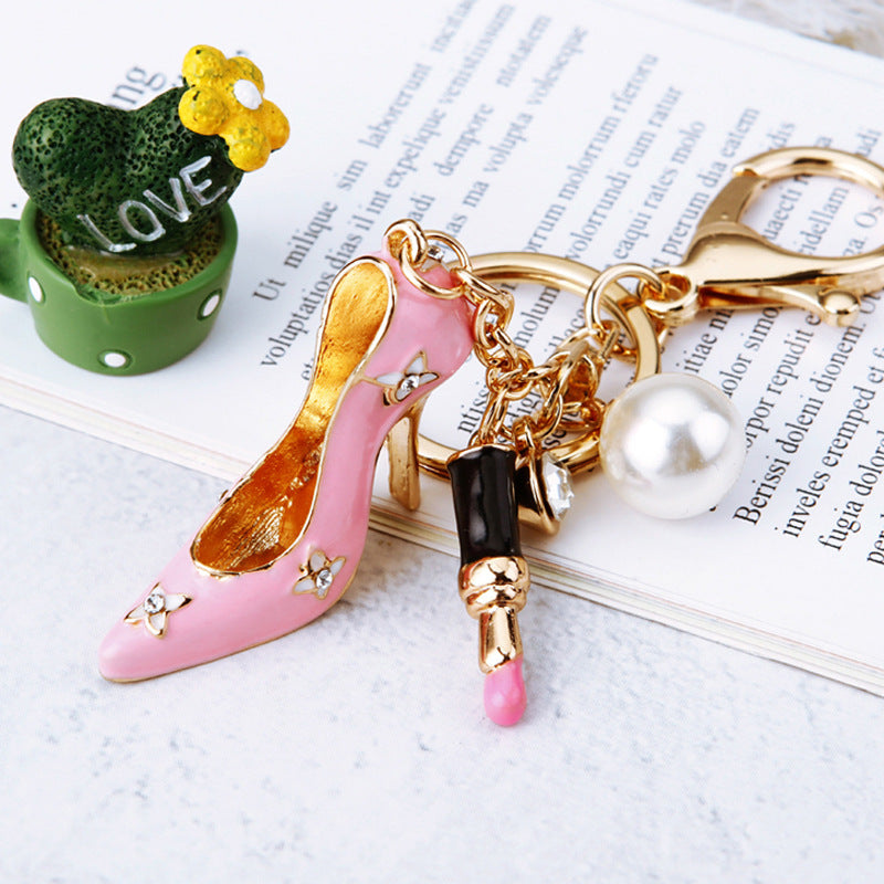 Wholesale Wave dot high heels rhinestone metal keychain