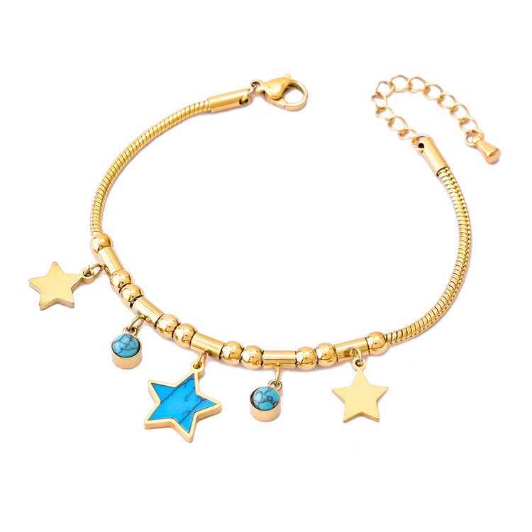 Wholesale Round Tube Five-pointed Star Necklace Turquoise Clavicle Pendant Long Tassel Earrings Bracelet Set