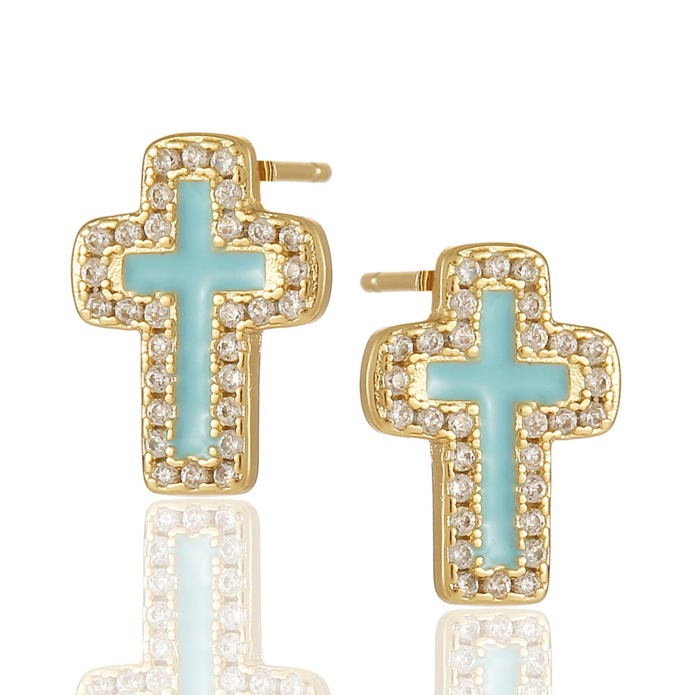 Wholesale Drip Oil Inlaid Zircon Cross Earrings
