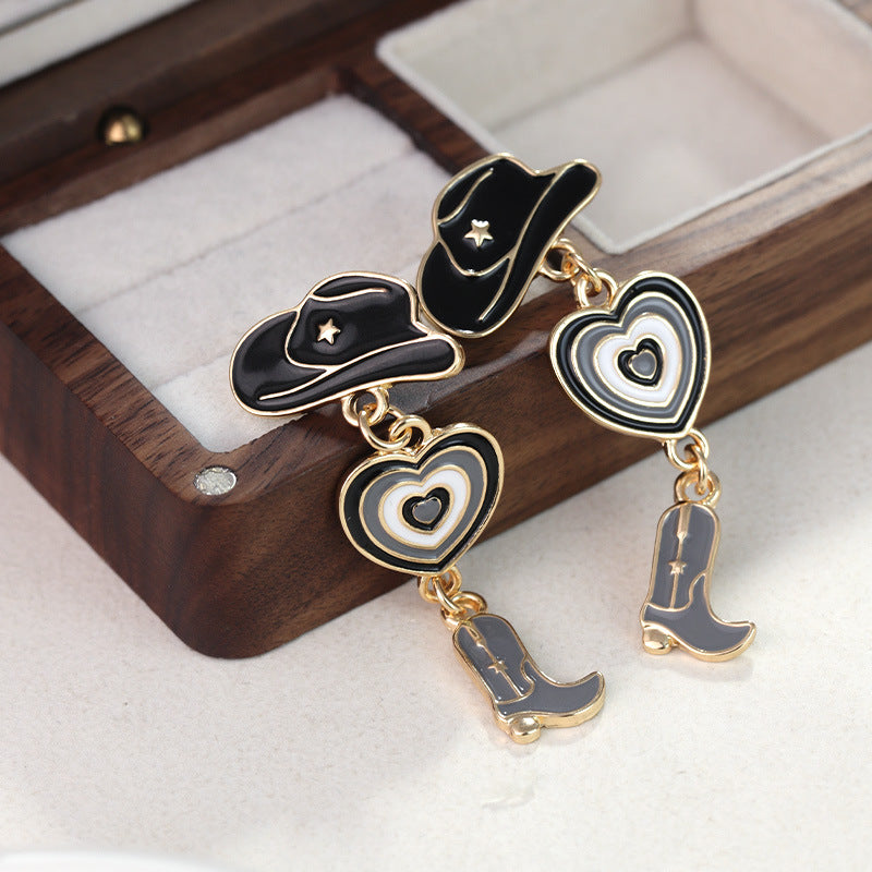 Wholesale Silver Needle Western Cowboy Style Hat Heart Cowboy Boots Oil Drop Earrings