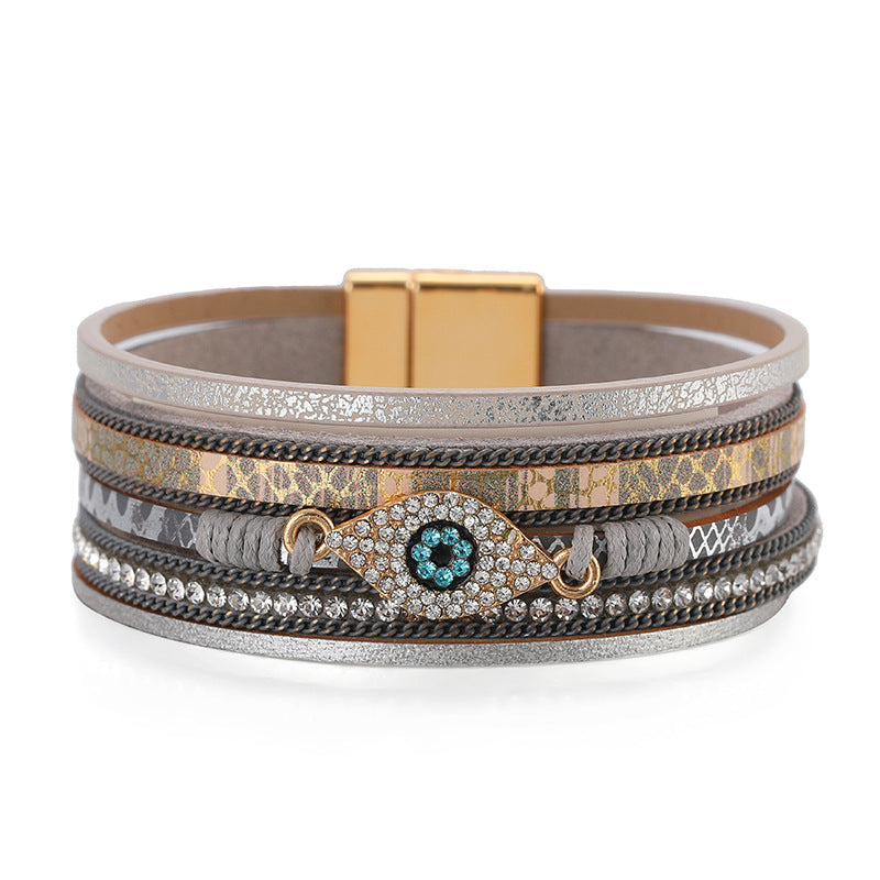 Wholesale Devil's Eye Diamond Design Multi-Layer Pu Leather Ethnic Style Bracelet