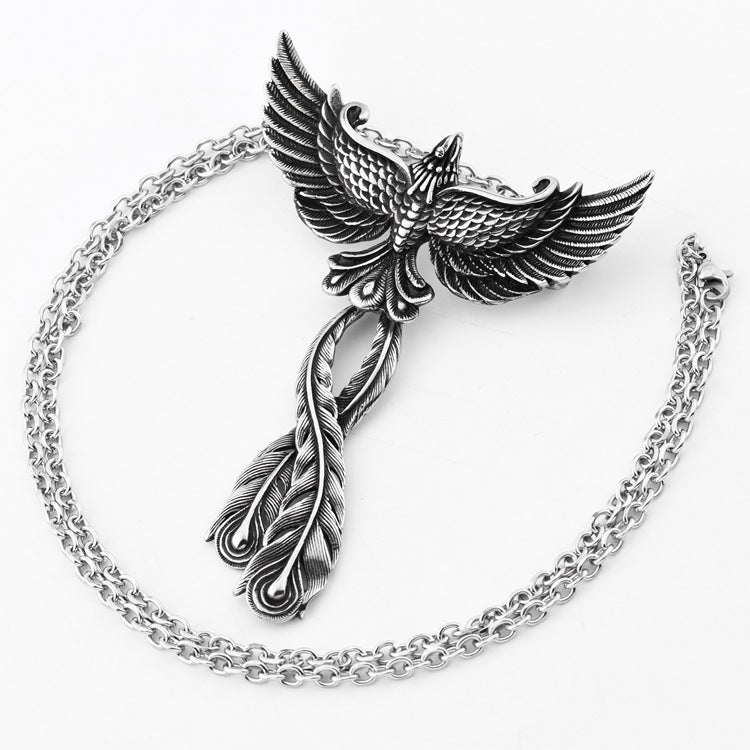 Wholesale Titanium Steel Phoenix Pendant Pearl Chain Necklace Chinese Trend Street Hip Hop Unisex Jewelry