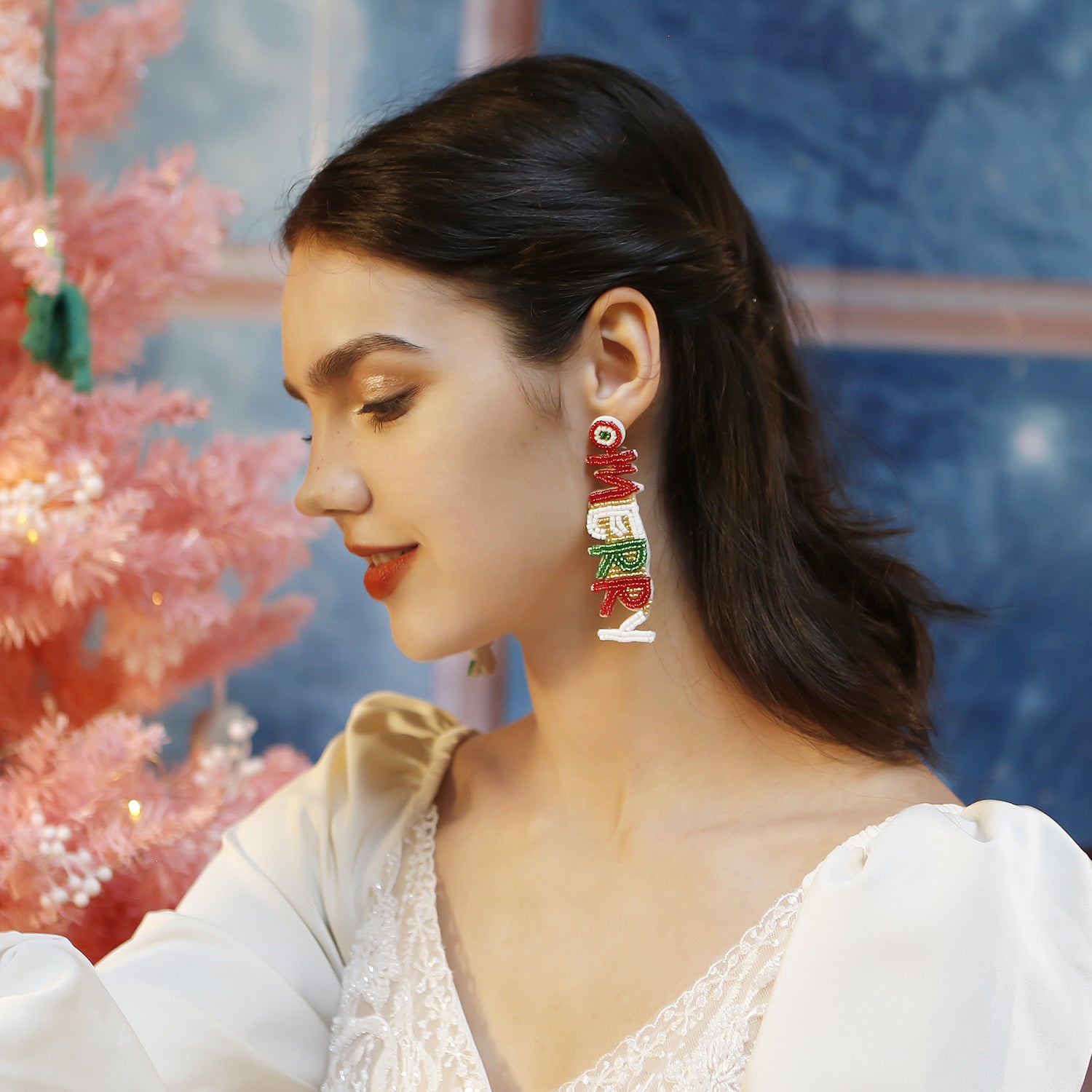 Wholesale Autumn and Winter Long Letter Earrings Christmas Handmade Rice Bead Earrings