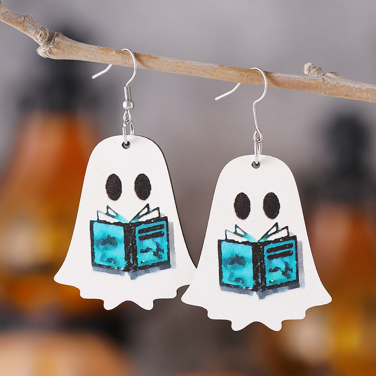 Wholesale Halloween Gothic Style Cute Ghost Flower Book Pocket Ghost Pendant Wooden Double-sided Earrings