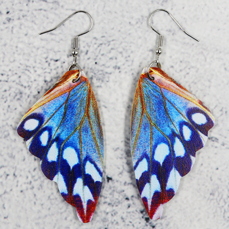 Wholesale Butterfly Leather Bionic Butterfly Wings Pattern Symmetrical Double-Sided Printed Earrings