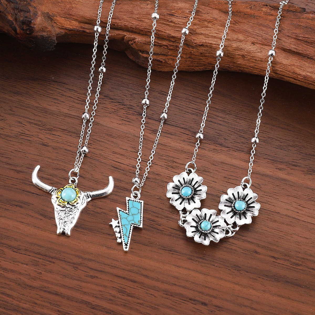 Wholesale Western Denim retro ethnic style imitation turquoise alloy cow's head war boots hat pendant necklace