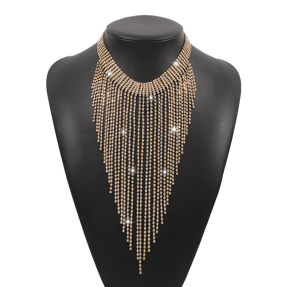 Wholesale Row Diamond Tassel Rhinestone Exaggerated Necklace