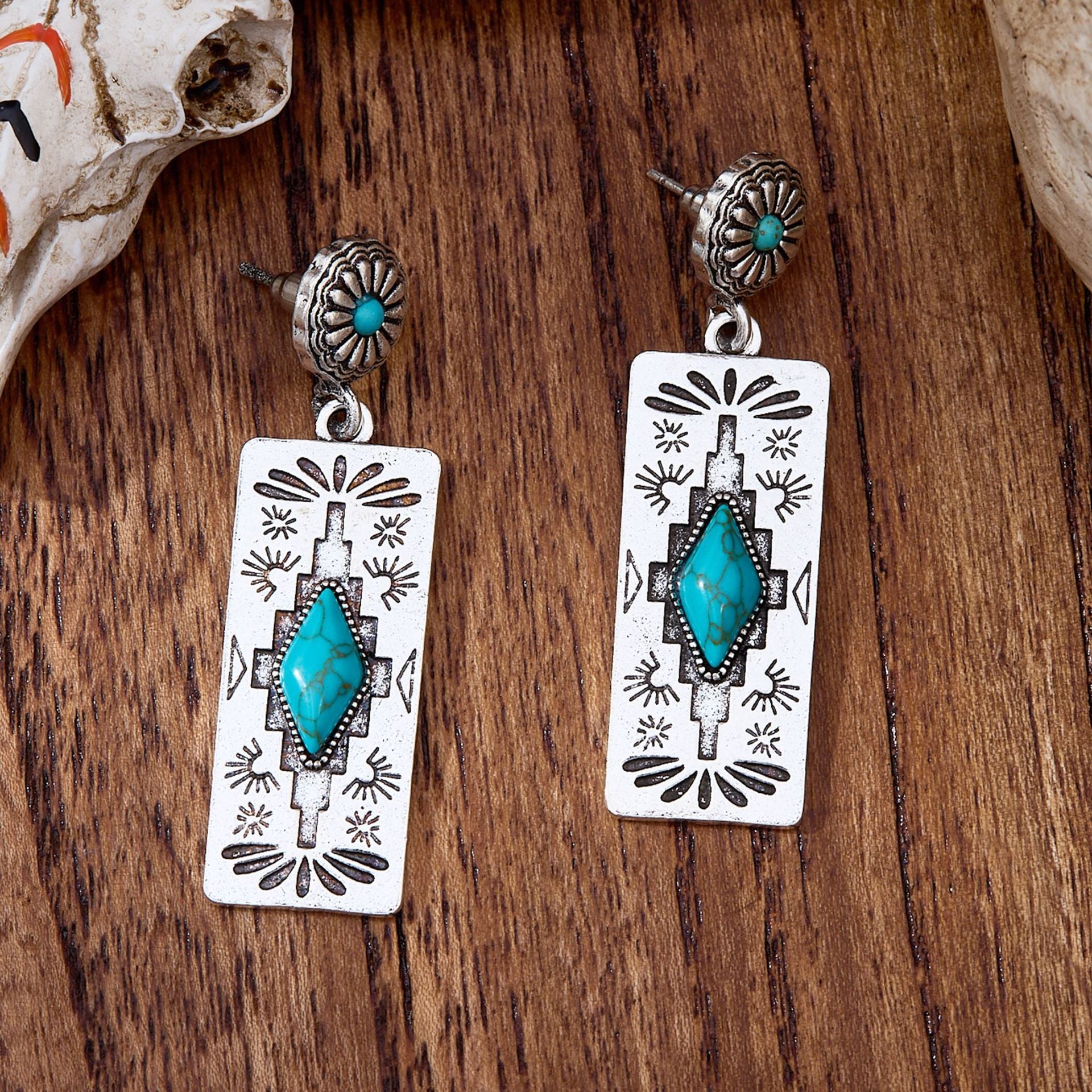 Wholesale Retro Western-style earrings rectangular patterned earrings inlaid  stones