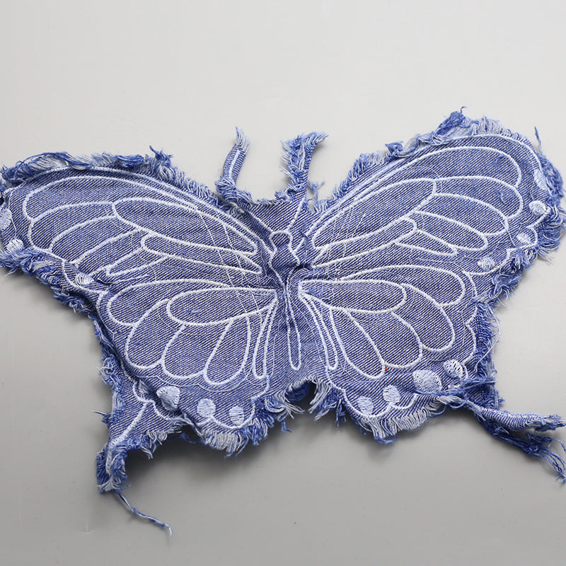 Wholesale Blue denim brass butterfly embroidery patch