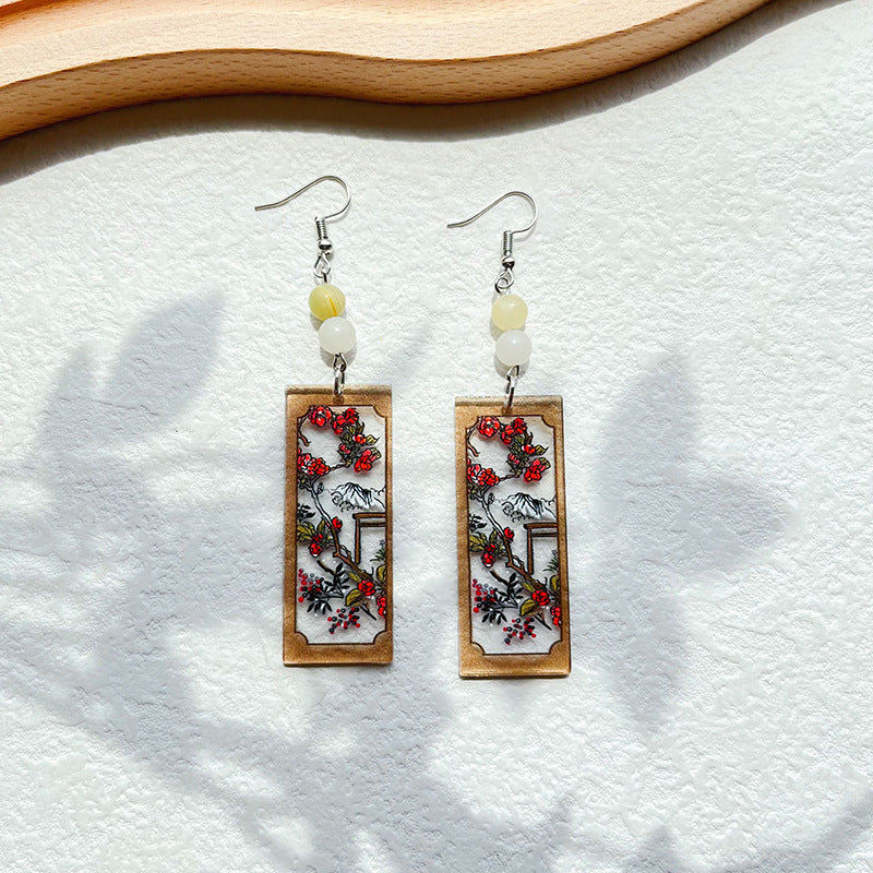 Wholesale Bamboo peony flower relief double-sided printed acrylic earrings