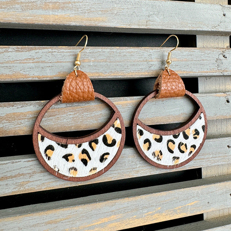 Wholesale Western Leather Circular Geometric Hollow Inlaid with Leopard Print Classic Exaggerated Earrings