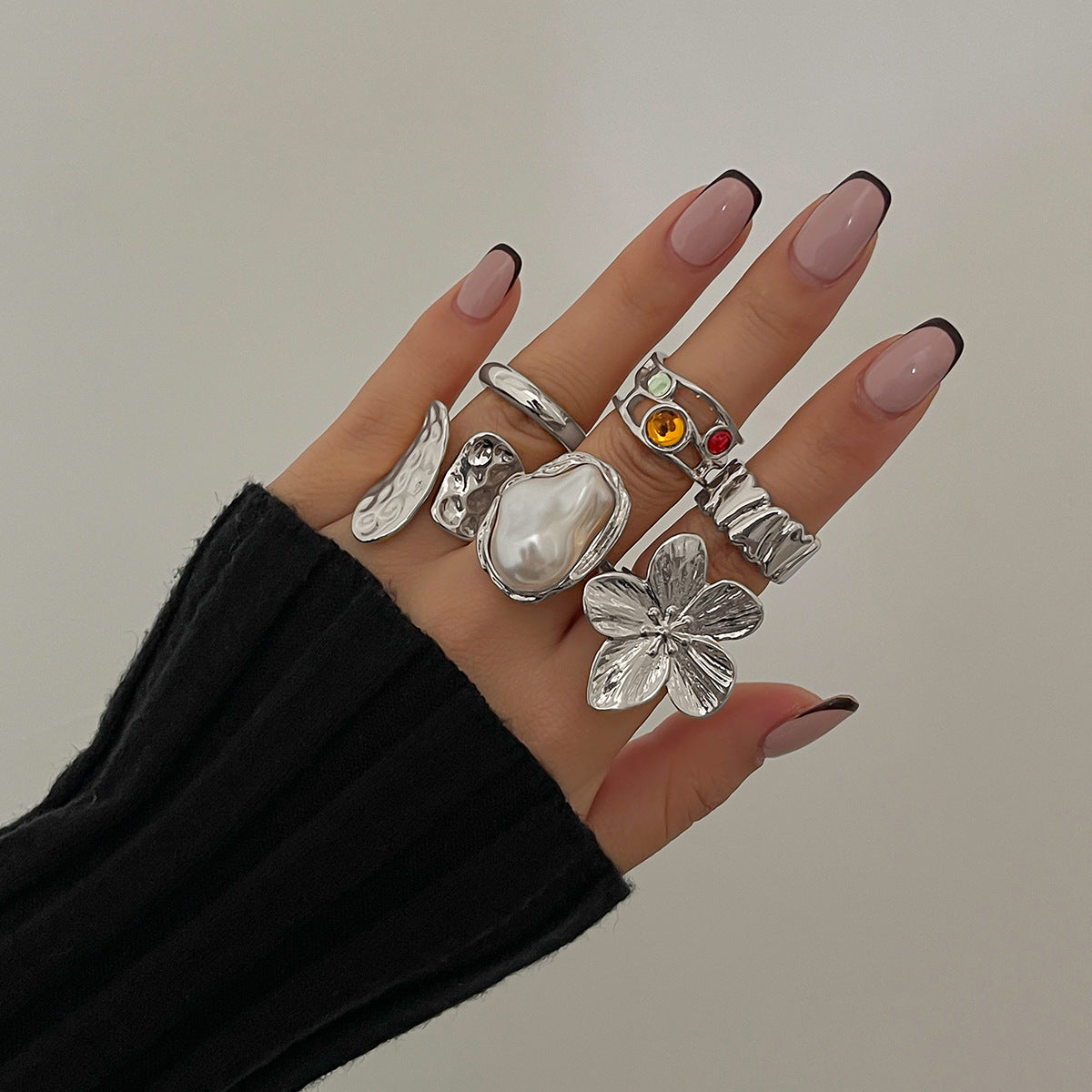 Wholesale  Design Liquid Lava Flower Open Ring Baroque  Pearl Inlaid Gemstone Ring