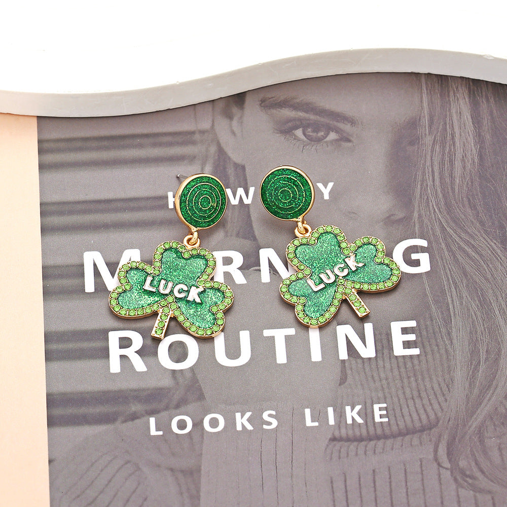 Wholesale St. Patrick's Four-leaf Clover Alloy Oil-drip Diamond LUCK Earrings