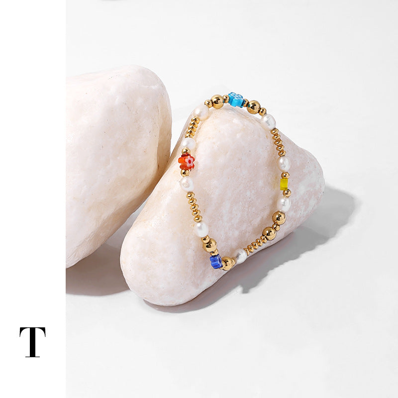 Wholesale colored glass real pearl copper bracelet