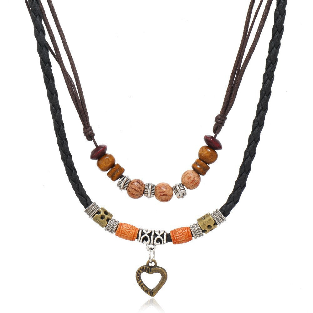 Wholesale retro butterfly alloy multi-layer wooden beads knotted hand-woven necklace jewelry