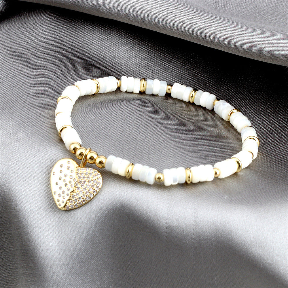 Wholesale Zircon Copper Love Heart Pendant Shell Disc Beads Bracelet