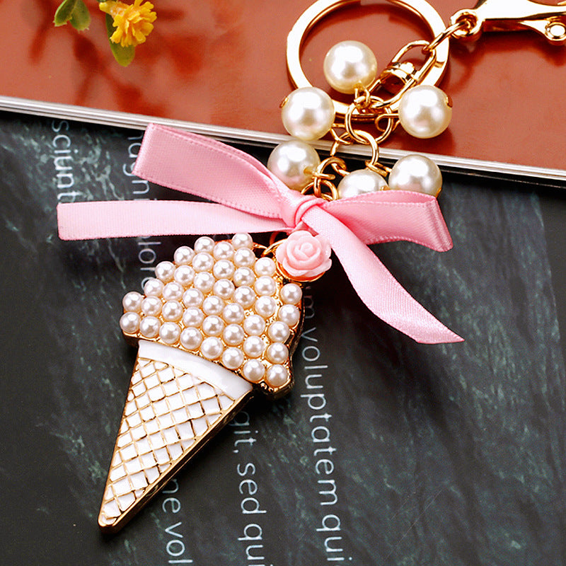 Wholesale Pearl Small Ice Cream Car Metal Key Chain Ring with Diamonds Keychain