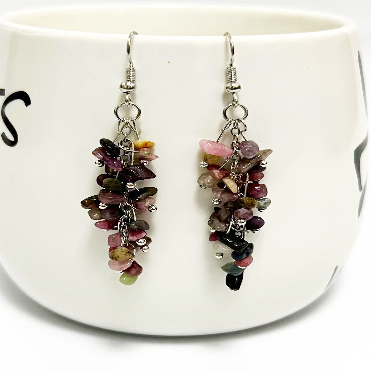 Wholesale Crystal Colorful Sweet Natural Crushed Stone Tassel Earrings