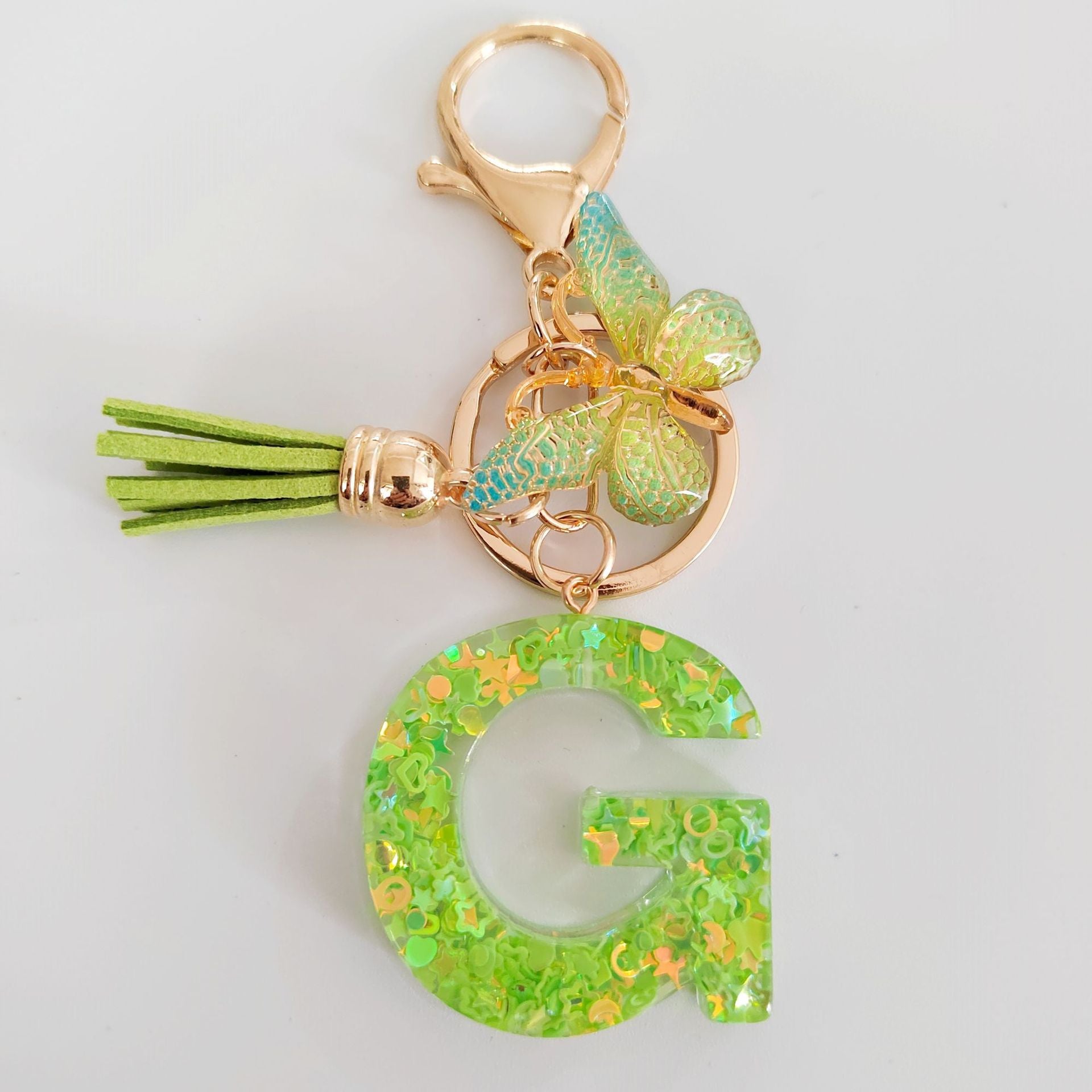 Wholesale 26 English Alphabet Keychain Pendant Green Star Glitter Resin Pendant  Key Chain