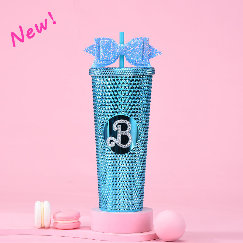 Wholesale Double-layer Plastic 710ml Large Capacity Straw Cup with Glitter Bow Tie Hand Cup Durian Cup