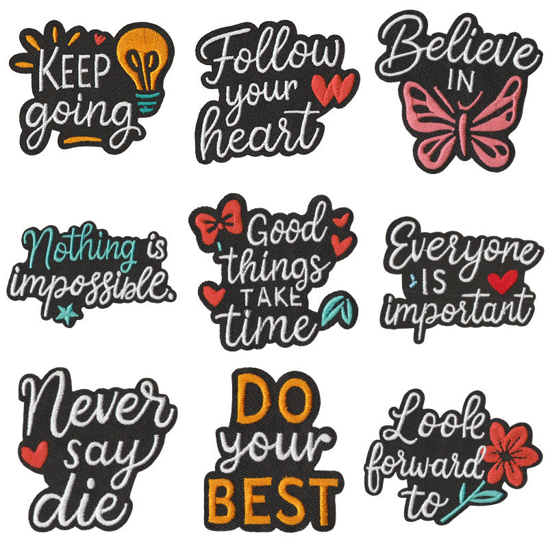 Wholesale Embroidered Iron On Patches Modern Black White Heart Quote Design 9Pc Heat Glue DIY For Clothing Bags Towels