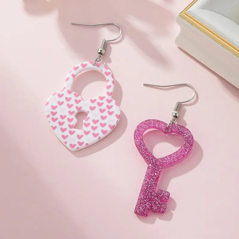 Wholesale  Valentine' s Day Acrylic  Heart-shaped Key Lock Buckle Earrings