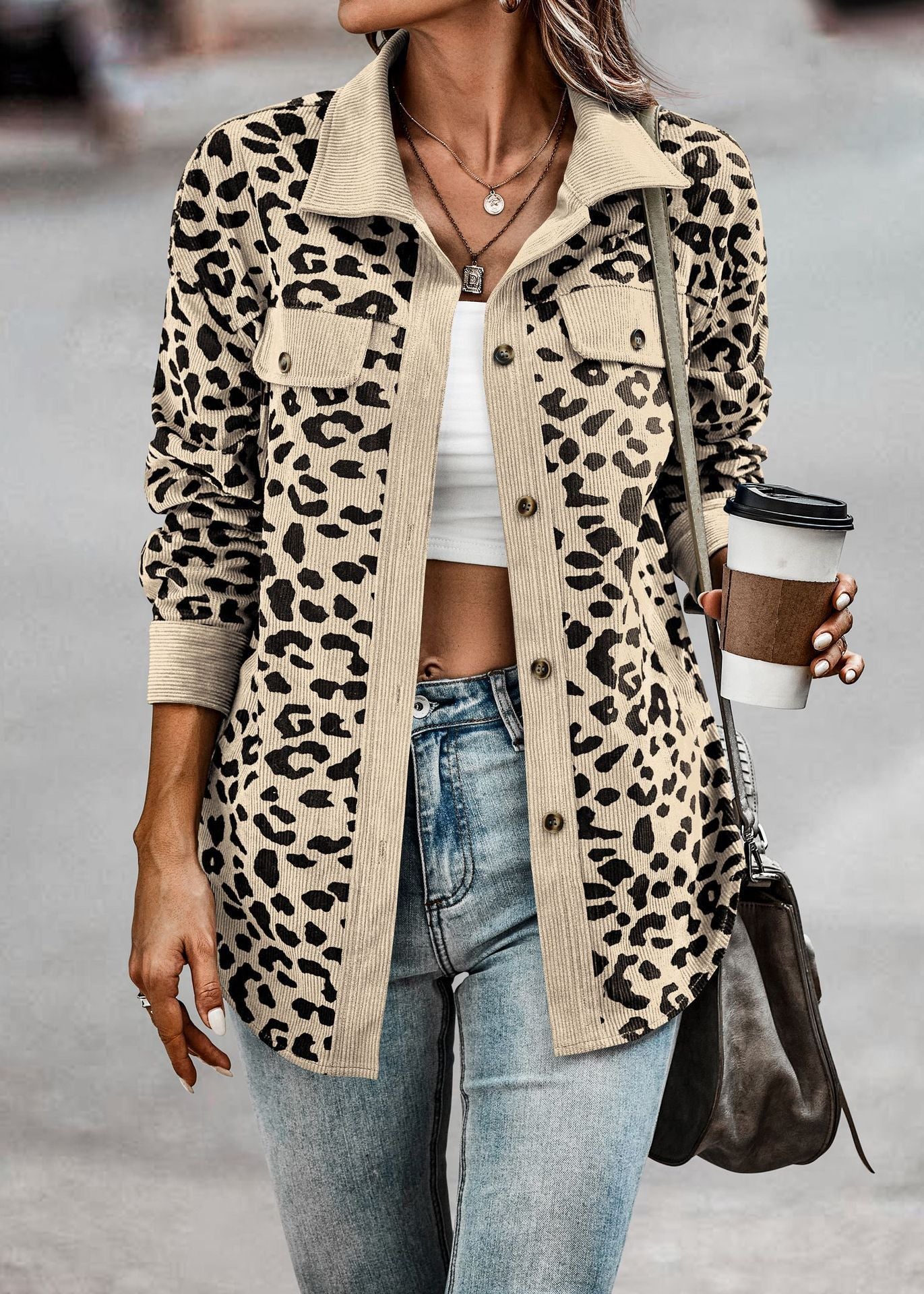 Wholesale Fashion Leopard Print Button Long Sleeve Jacket Coat