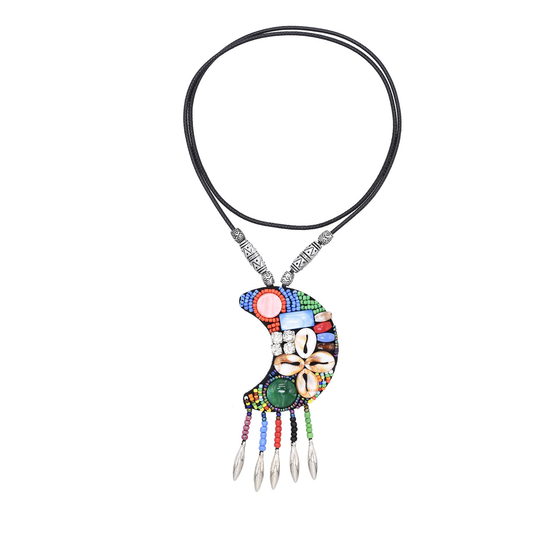 Wholesale Ethnic Style Crescent Moon Pendant Rice Beads Shell Tassel Necklace