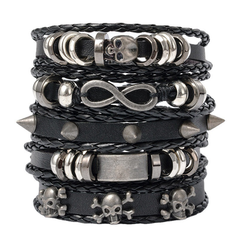 Wholesale Skull 8-shaped alloy five-piece leather bracelet