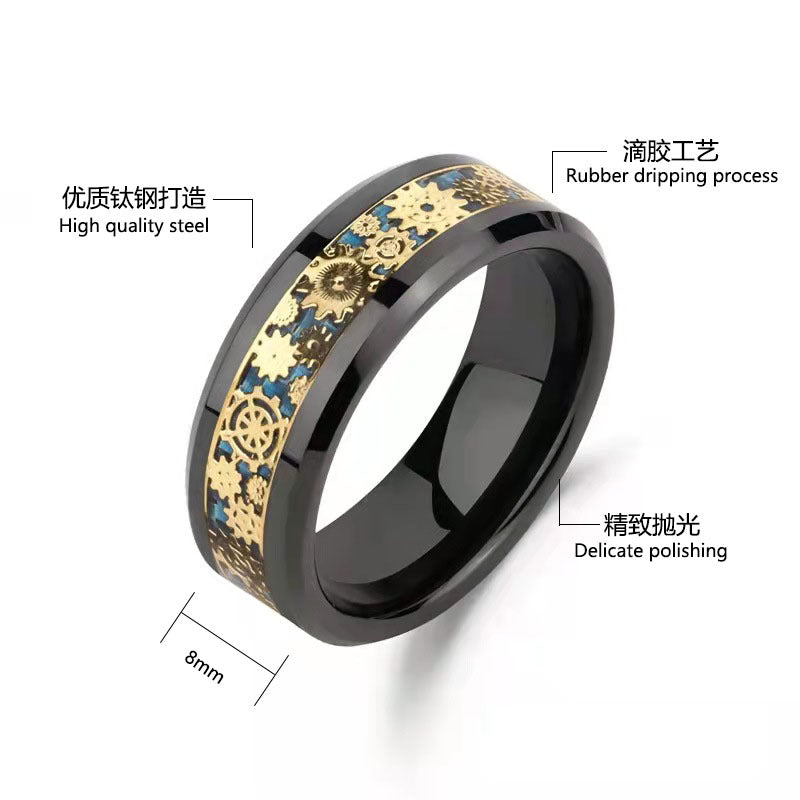Wholesale Men's Stainless Steel Ring with Carbon Fiber Gear Titanium Steel Ring