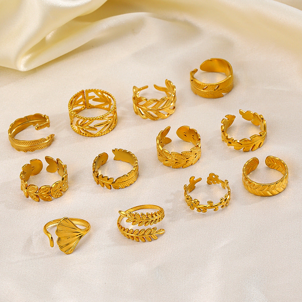 Wholesale Open Adjustable Leaf Gold Stainless Steel Ring