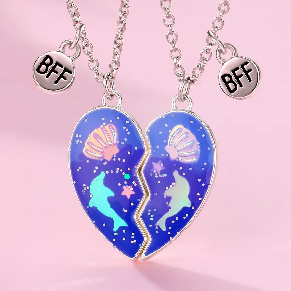Wholesale children' s love dolphin shell clavicle chain BFF good friend magnetic necklace
