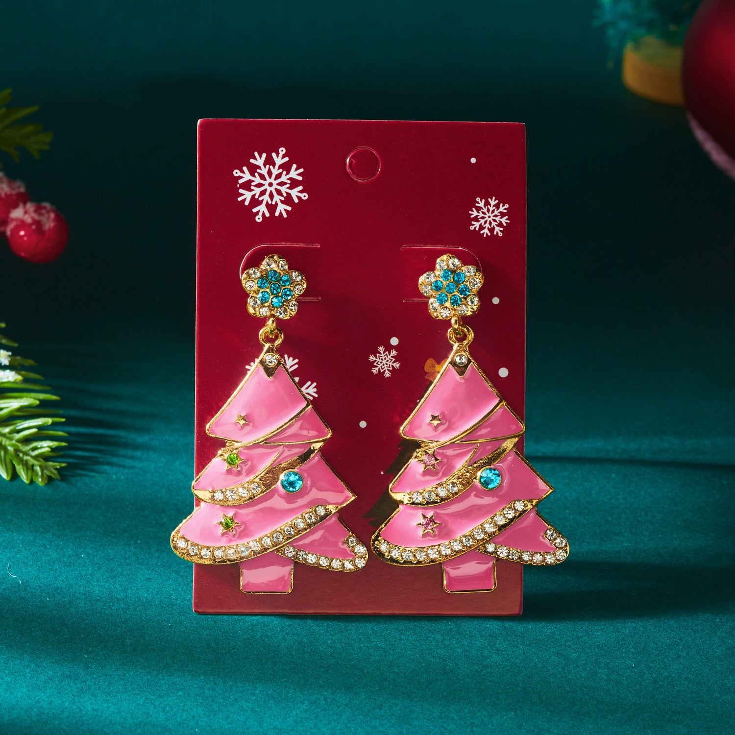 Wholesale Sweet-style rhinestone Christmas tree earrings