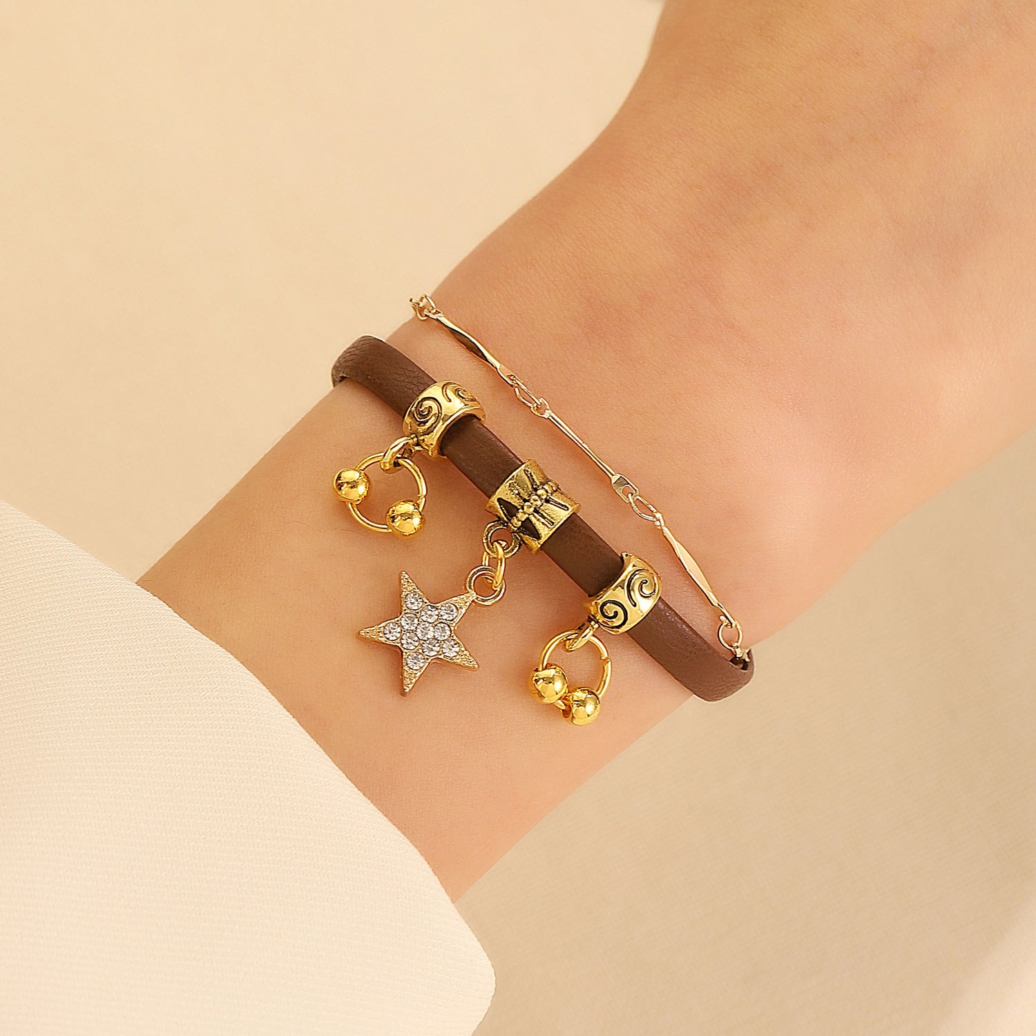 Wholesale Octagonal Star Brown Leather Sun Double Layer Necklace