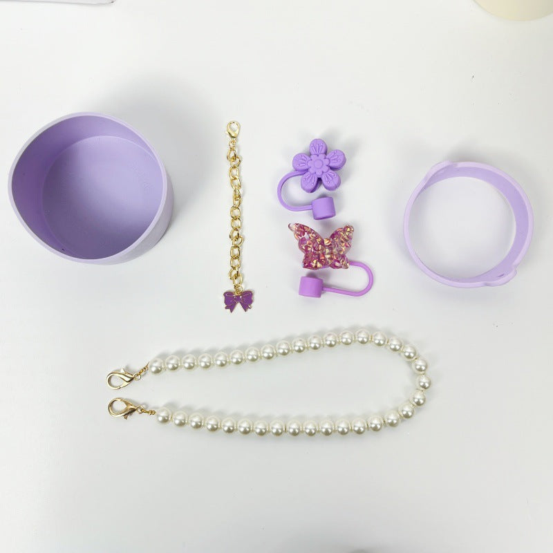 Wholesale 6pcs/pack silicone cup cover,  protective cover,  straw cap,  decorative lanyard,  pearl hand rope