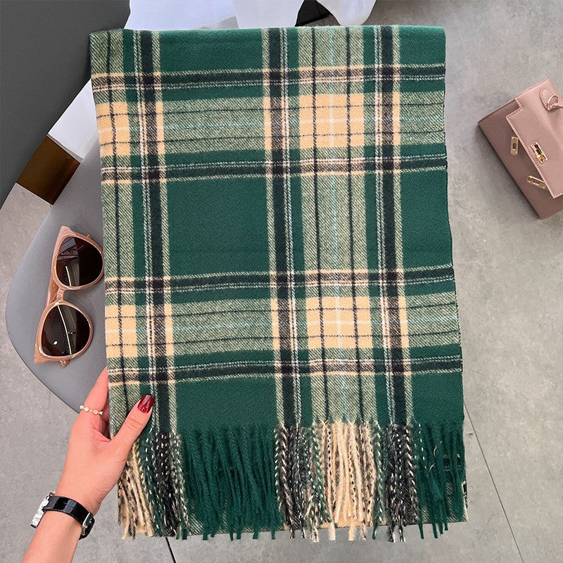 Wholesale Korean Version Winter Imitation Cashmere Retro Grid Japanese Tassel Shawl Warm Scarf