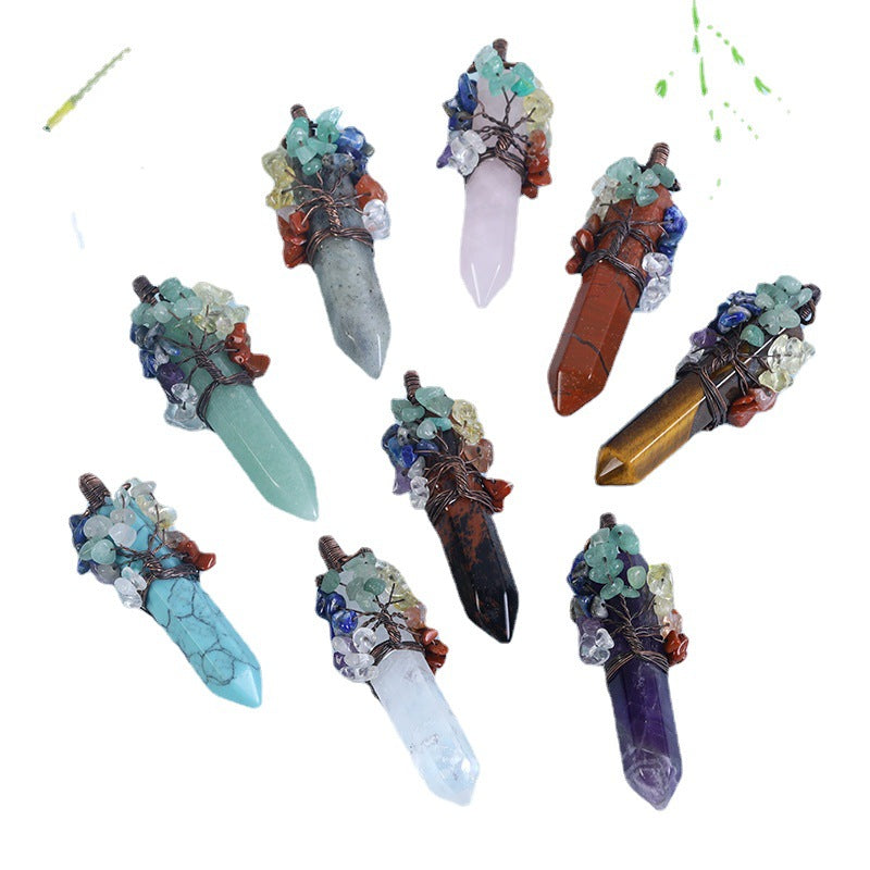 Wholesale Crystal Raw Stone Hexagonal Column Wrapped Copper Wire Tree of Life Colorful Gravel Pendant Necklaces