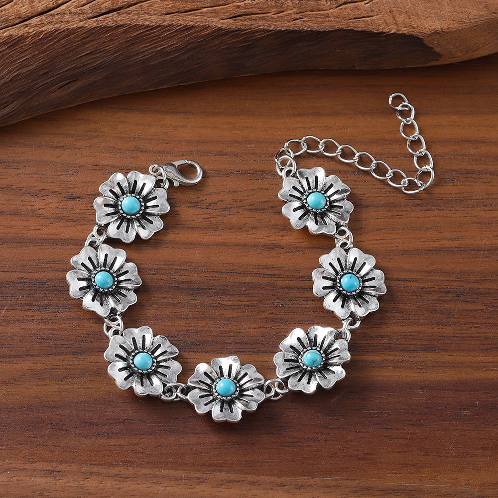 Wholesale Retro Floral Turquoise Bracelet And Earrings Set Zinc Alloy Fashion Jewelry Gift For Party Wear