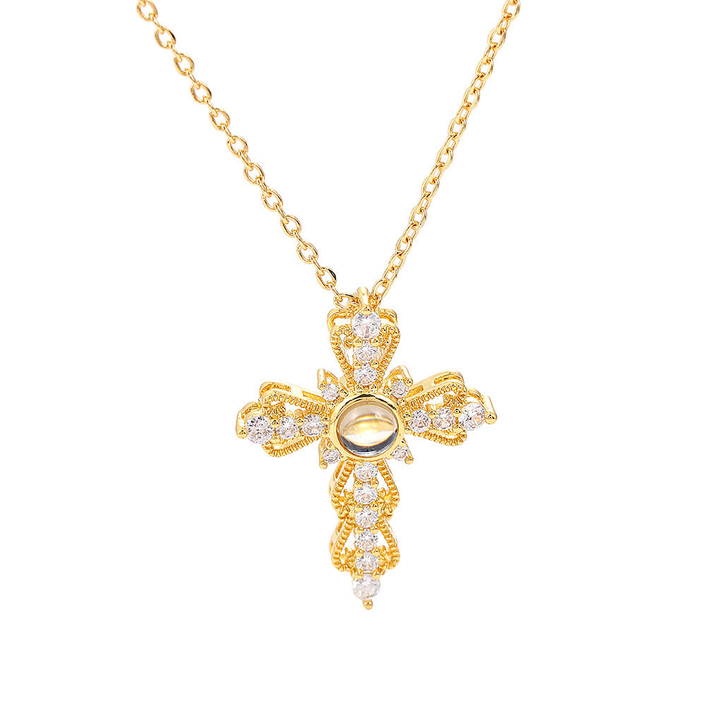 Wholesale Swan Cross Hundred Languages Projection Titanium Steel Necklace