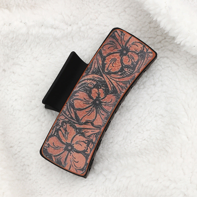 Wholesale Western Cowboy Vintage Leather Claw Clip Hair Accessory Handmade Sunflower Print Everyday Styling Gift