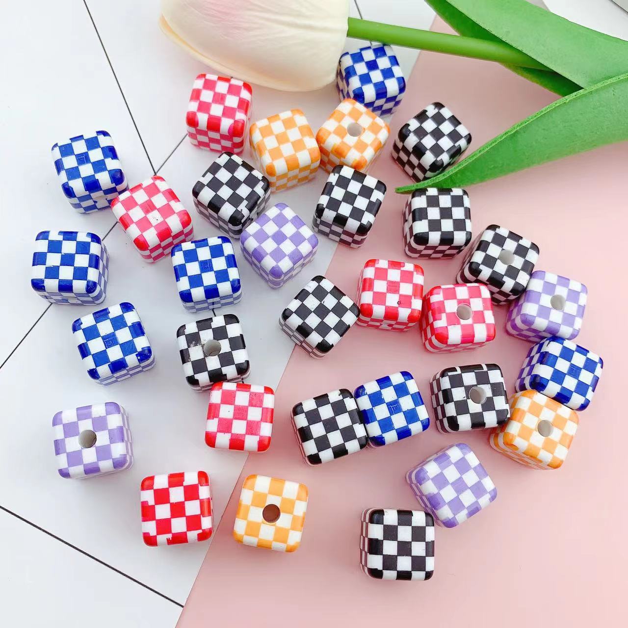 Wholesale 10pcs colorful checkerboard printed square acrylic beads