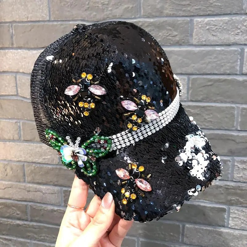 Wholesale Rhinestone Butterfly Sunscreen Sequin Mesh Baseball Caps