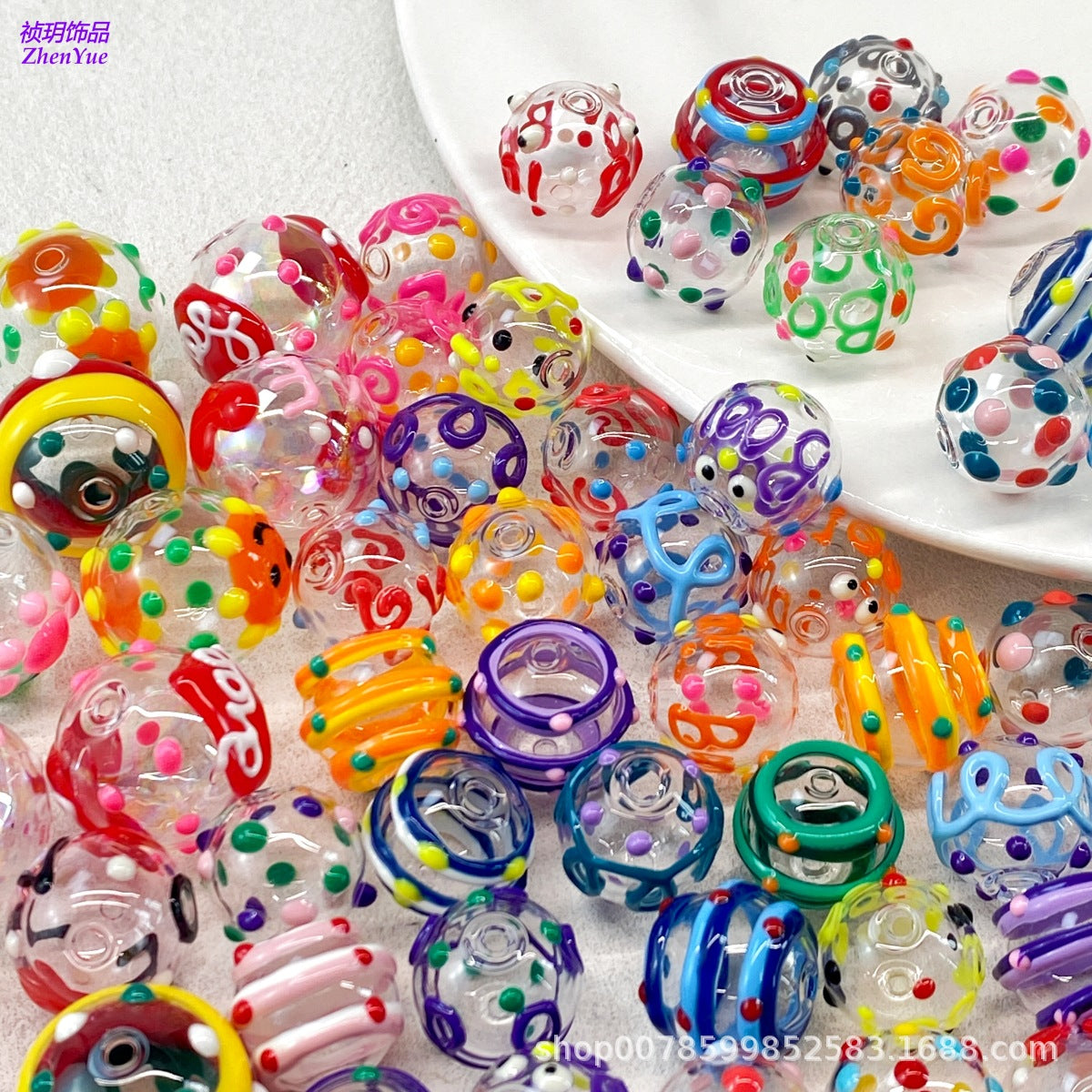 Wholesale 10pcs Transparent hollow glass heart-shaped polka dot hand-painted flower beads