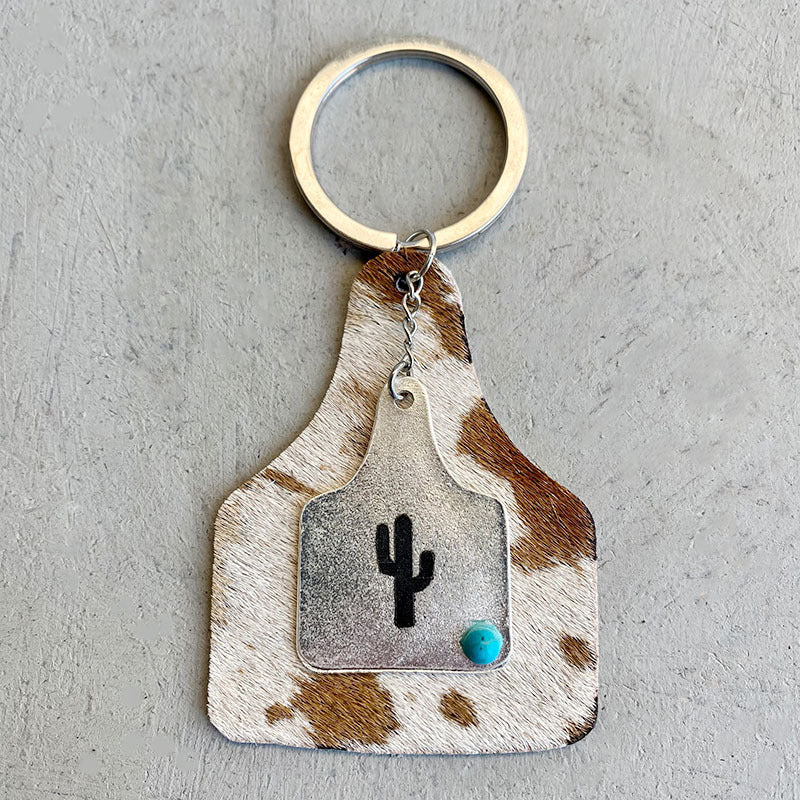 Wholesale Western Turquoise Metal Cow Brand Cactus Horseshoe Bull Head Anti-lost Device Creative West Leather Keychains