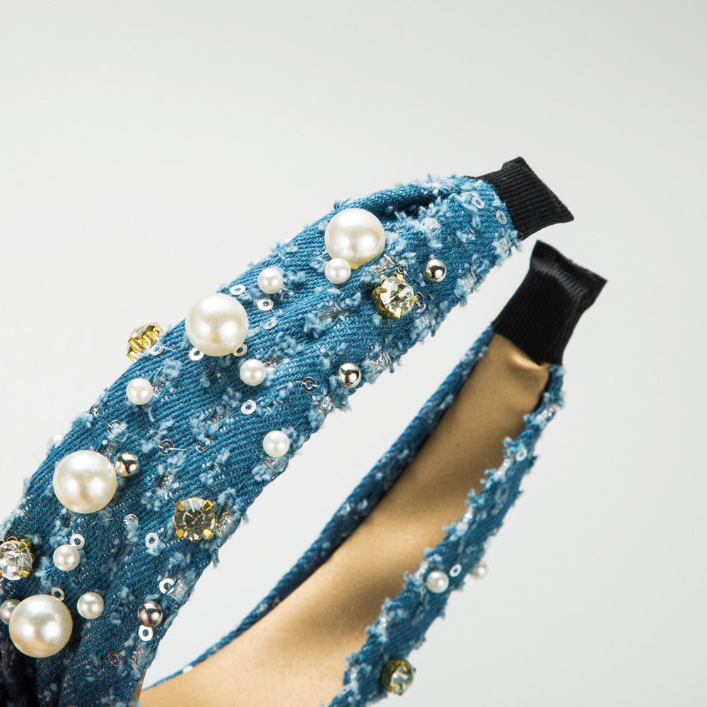 Wholesale Denim Fashion Pearl Sequin Headband