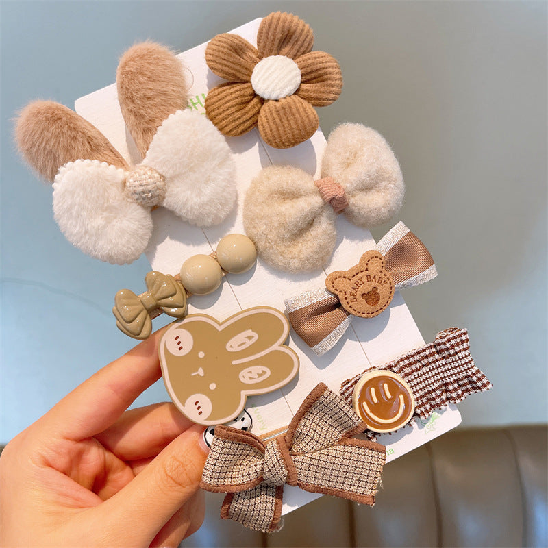Wholesale Multi Piece Set Autumn and Winter Plush Hair Clip, Children's Coffee Color Cute Forehead Bangs Hair Clip