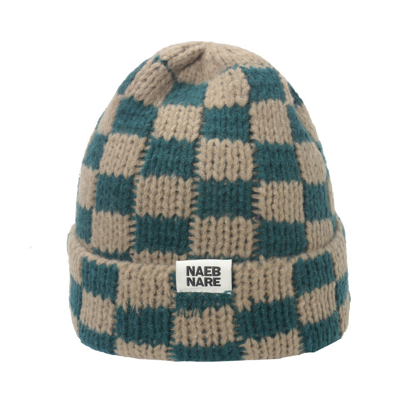 Wholesale Popular Niche Large Head Circumference Wool Thick Warm Checkerboard Plaid Knitted Hat