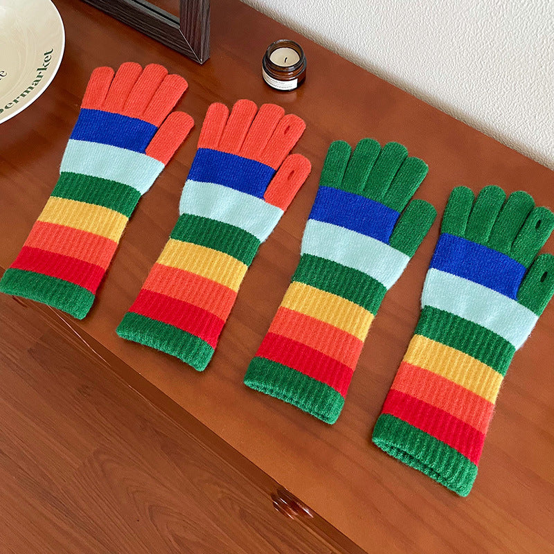 Wholesale Rainbow Stripe Knitted Wool Open Finger Touchable Screen Riding Warm Split Finger Gloves