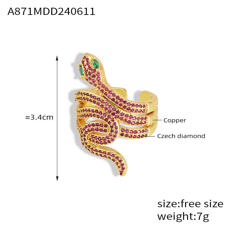 Wholesale Ins Internet Celebrity Explosive Copper Gold Plated Zircon Snake Ring Women's European and American Fashion Light Luxury All-match Cross-border Supply